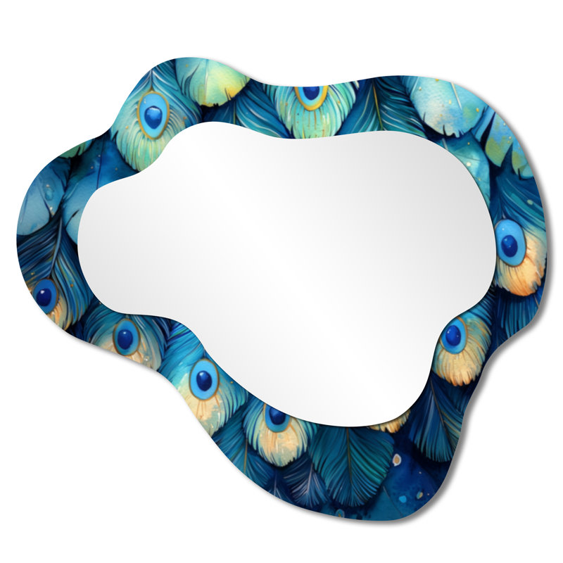 Peacock Feather Collage - miroir mural asymétrique, miroir de coiffeuse moderne, imprimé sur métal, 25 po x 28 po