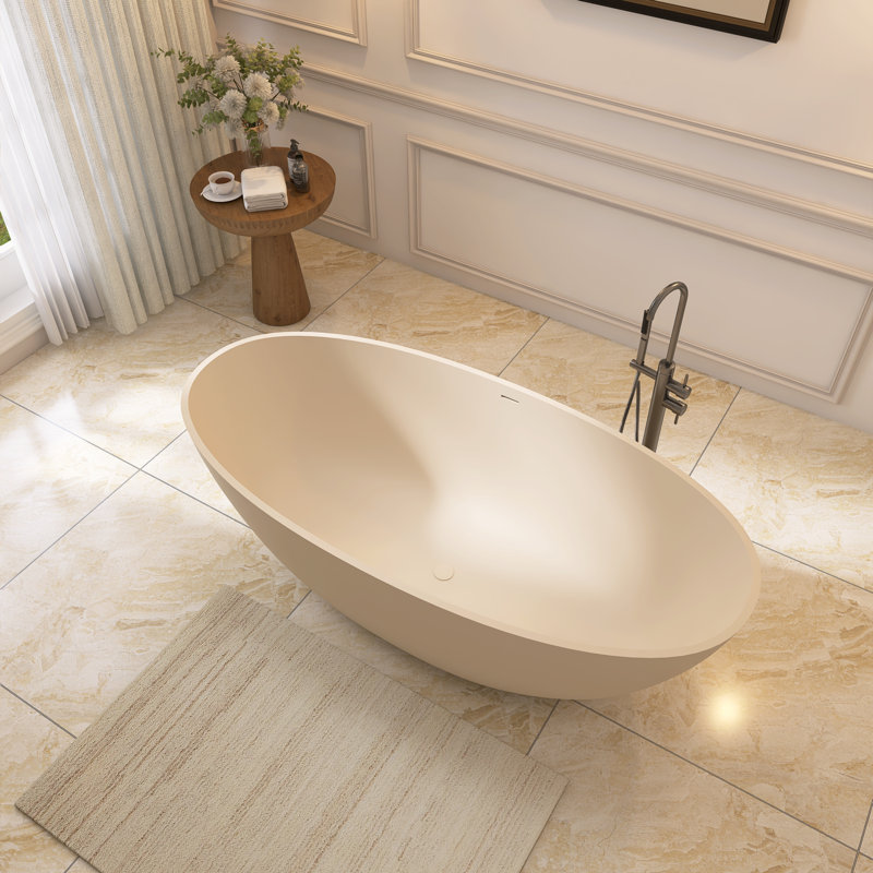 65'' x 33'' Solid Surface Freestanding Tub Deep Soaking Bathtub Double Slipper