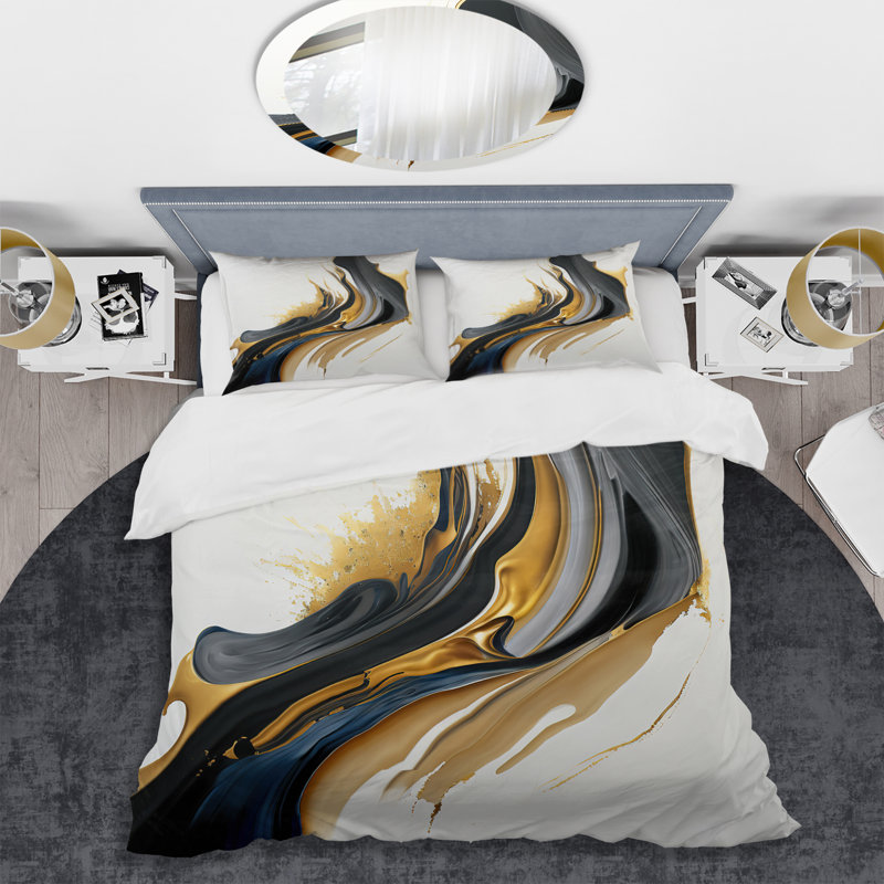 Black, White And Gold Liquid Art II Microfiber / Polyester Duvet Cover SetMicrofiber / Polyester Duvet Cover Set