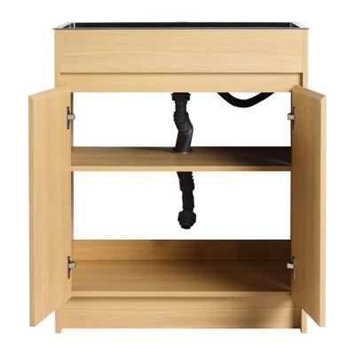 Meuble-lavabo autoportant de 28 po pour salle de bain, lavabo en acier inoxydable et drain flexible, 45 poignées à bords inclinés, meuble-lavabo à tablettes réglables, 2 portes à fermeture en douceur, conception moderne