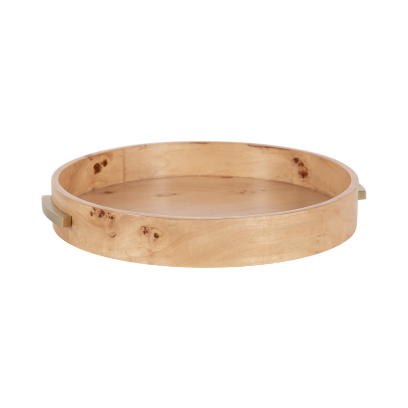 Round Burlwood Tray with Metal Handles