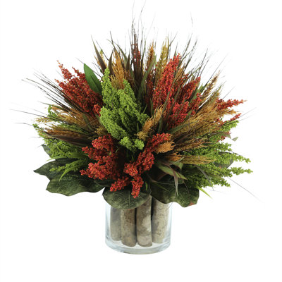 Heather and Wheat Fall Arrangement in Glass Vase with Birch