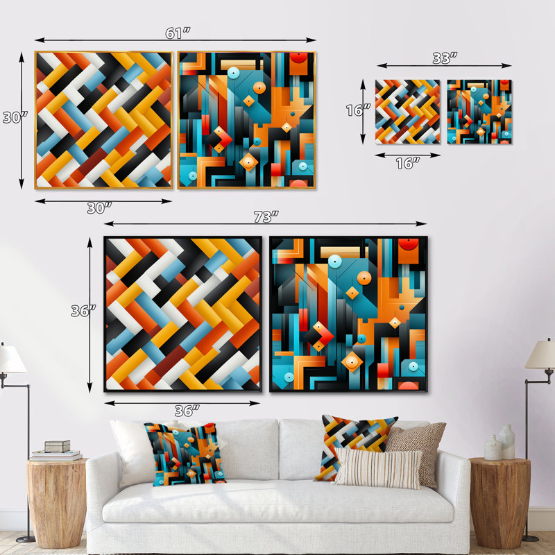 Ensemble d'illustrations géométriques orange et bleues, Cadre flottant noir, H 36 po x l 73 po