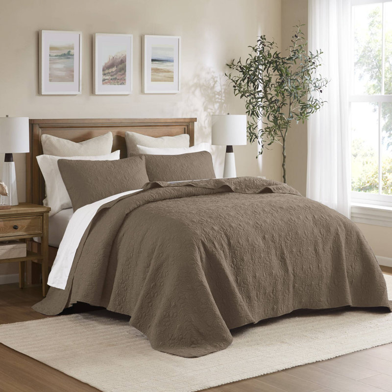 Ensemble de couvre-lit réversible Québec, Couvre-lit de très grande taille et 2 taies déco, Moka
