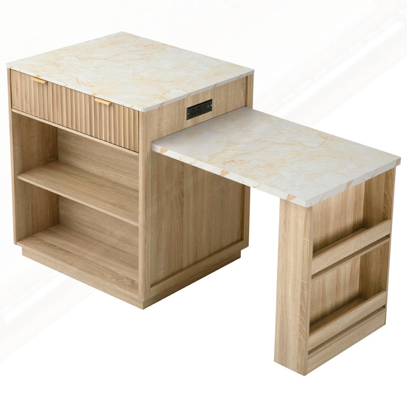 Îlot de cuisine cannelé 82,6 po avec table de salle à manger extensible, Naturel