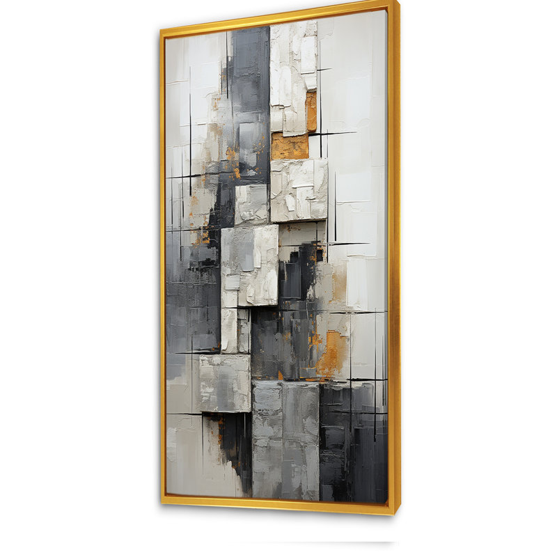 «Gray Abstract Cityscape 4 - Abstract Collages», art mural, Cadre flottant doré, H 60 po x l 28 po x P 1,5 po