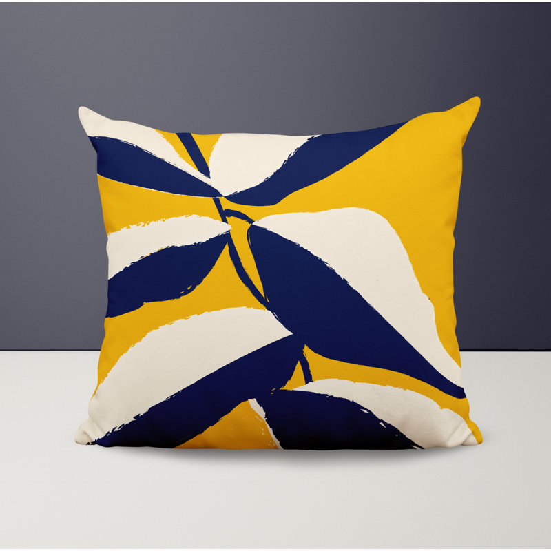 Coussin intérieur / extérieur en polyester filé Lara, 15 po x 15 po, Jaune / blanc cassé / bleu marine