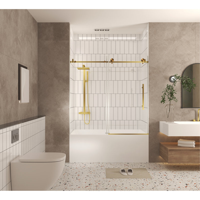 Frameless Shower Door 56-60 "W X 60" H, 1/4 "(6 Mm) Clear Tempered Glass, Explosion Proof Film, Stainless Steel Handle,Brushed Gold