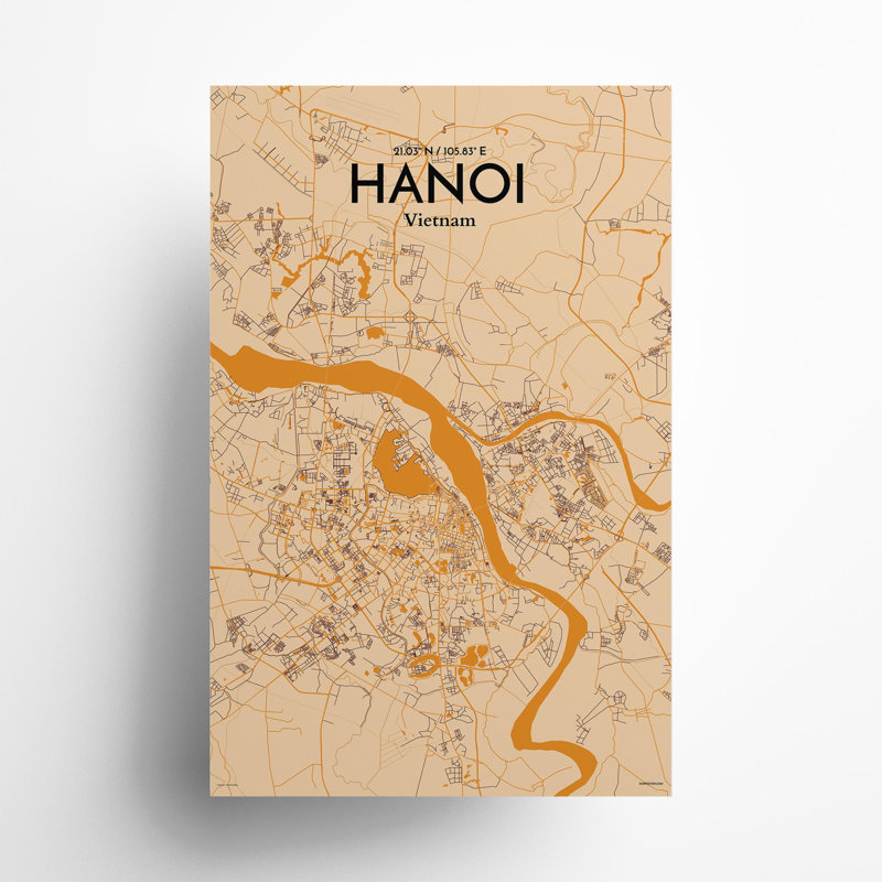 Hanoi, carte de la ville, impression, H 17 po x l 11 po, Orange / or pâle