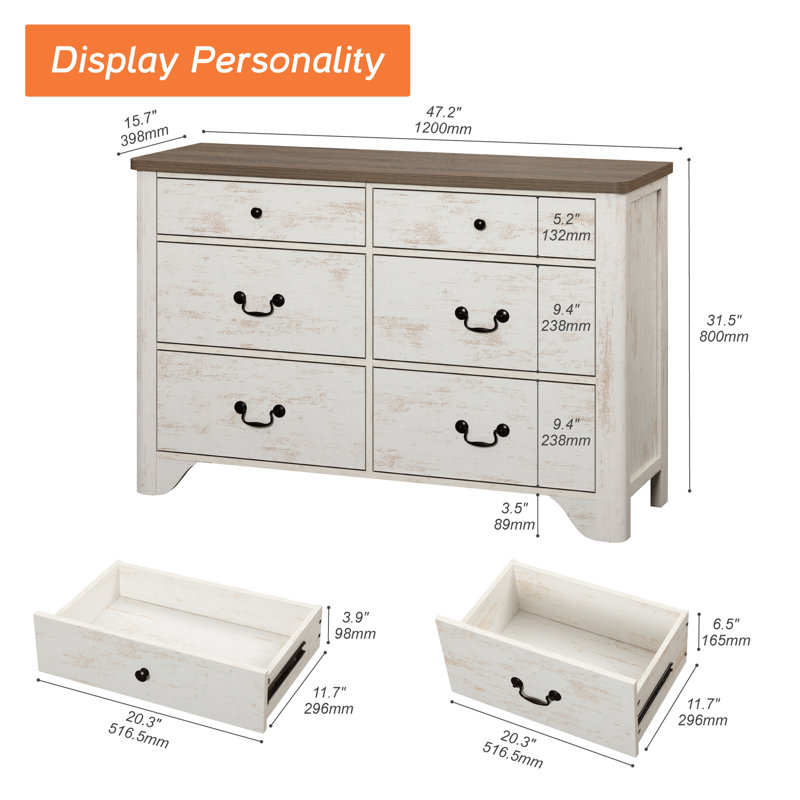 Haikey 47.2" W Double Dresser, 6 Drawer Dresser, Modern Dresser Drawer Chest, White