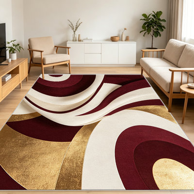 Burgundy Gold Curved Swirl area rugs for Living Room, Soft and Comfortable, Suitable for all seasons, easy to maintain, machine washable Indoor floor mat, Under Table Farmhouse suitable for Bedroom, Dining Room, Study, Patio, Balcony, Home Decor