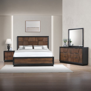Aurelio Sculpted Walnut & Ebony Geo-Panel Bed with Nightstand