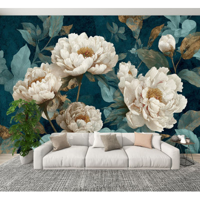 Grand papier peint adhésif à motif de pivoines bleues texturées Boho H 100 po x l 144 po, papier peint amovible mural auto-adhésif pour chambre à coucher, bureau à domicile