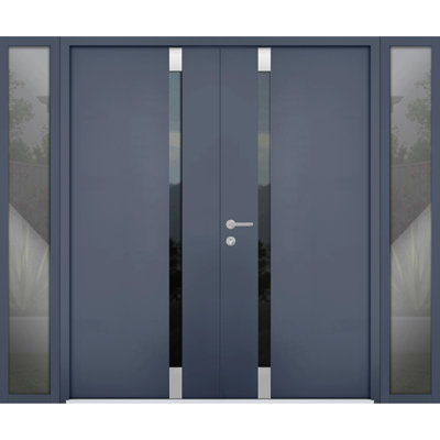 Front Exterior Prehung Steel Double Doors / Cynex 6777 Grey / 2 Side Exterior Windows / Stainless Inserts Single Modern Painted 104x80 (W16+72+16" x H80")-Left-hand Inswing