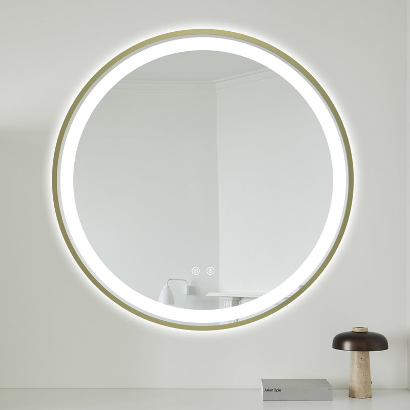 Dimmable Wall Mounted Anti-Fog Bathroom Vanity LED Mirror With Gold Aluminum Frame, Gold 