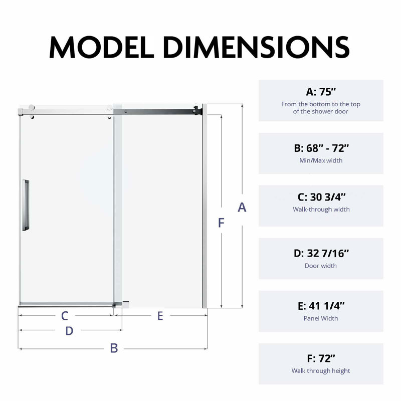 SI 68" – 72" W x 75" H Single Sliding Frameless Glass Shower Door with 3/8" (10mm) Clear Tempered Glass, Stainless Steel Hardware, Out-of-Plumb Adjustment
