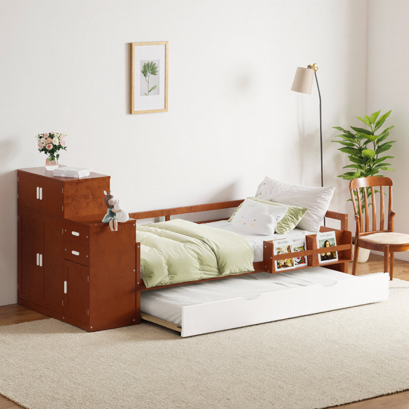 Lit simple peu encombrant avec lit gigogne, bibliothèque intégrée et garde-robe mobile - solution de rangement tout-en-un, noyer