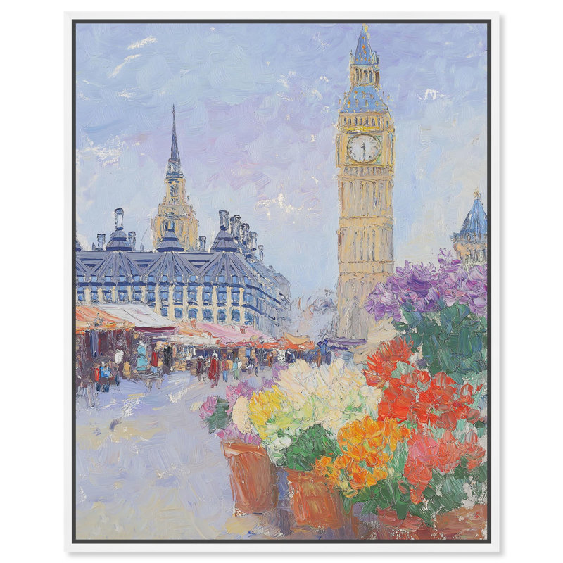 «London Flower Market», affiche inspirée de Monet par Art Remedy, H 21 po x l 17 po, Cadre flottant blanc