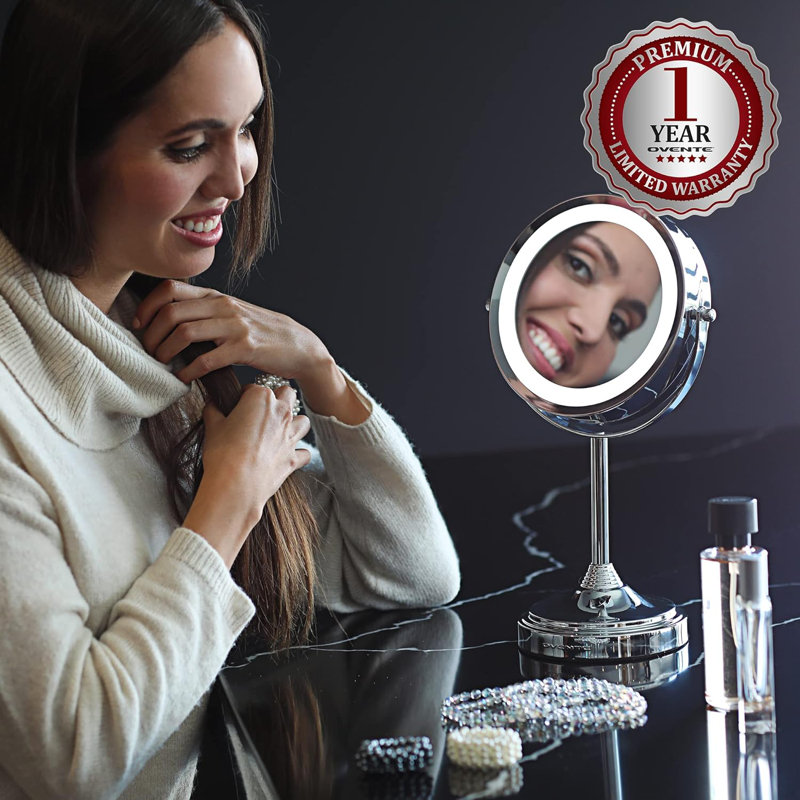 Miroir de maquillage lumineux 7 "avec grossissement 1X / 7X, miroir de coiffeuse sans fil à fixation sur table avec conception pivotante à 360 ° et anneau lumineux DEL blanc cosmétique à double face, chrome poli MCT70CH1X7X