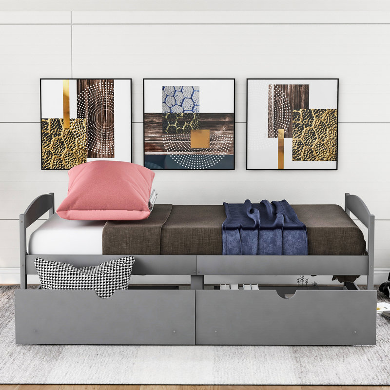 Lit plateforme simple gris avec accessoires de tiroir - Personnalisez vos tiroirs à thème pour créer une atmosphère douillette