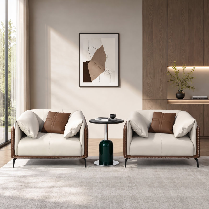 Ensemble de salon 3 pièces avec 2 fauteuils et une table de bout, un canapé simple en similicuir et une table d'appoint en bois massif de 3 pièces
