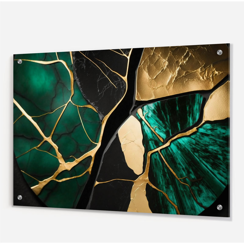 «Abstract Geode Gold I», art mural abstrait en acrylique sur verre marbré, H 12 po x l 20 po