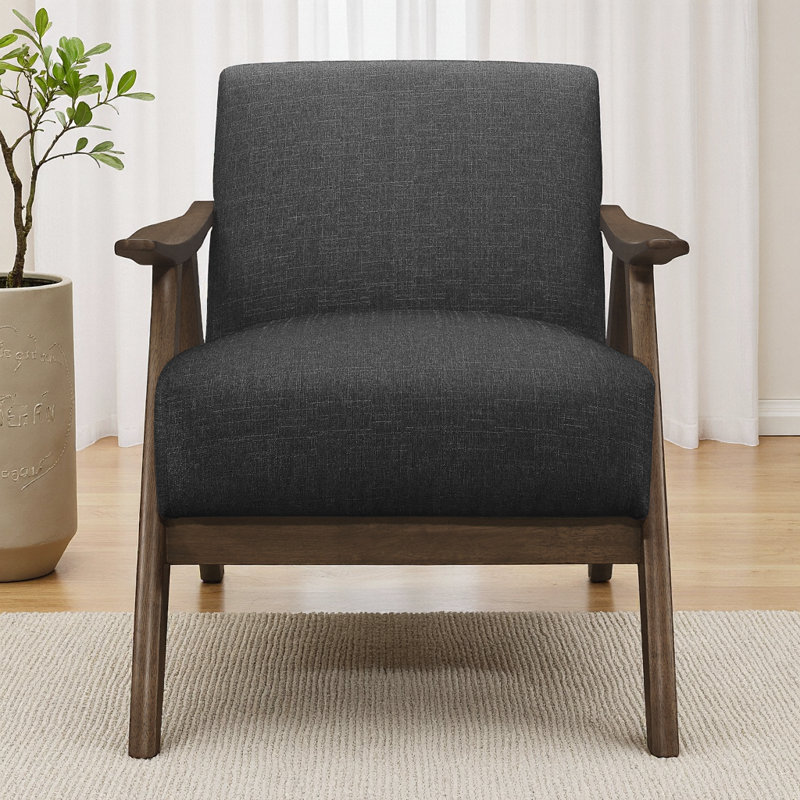Retro Modern Fabric Accent Chair - Solid Wood Upholstered Seat & Back, Dark Gray, Walnut