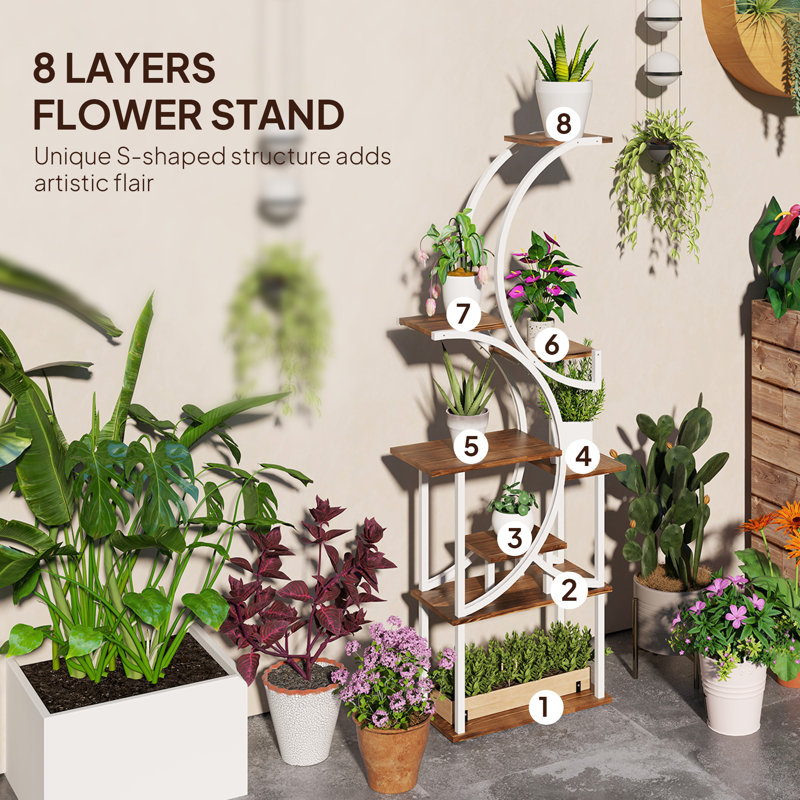 8 Tier Plant Stand Indoor, 62" Tall Plant Shelf, S-Shaped Plant Rack for Multiple Plants, Corner Plant Flower Holder with White Steel Frame for Home, Patio, Balcony, Carbonised Finish,wood