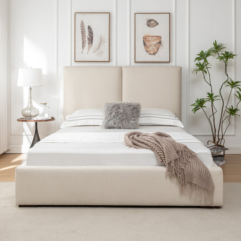 Lit tapissier - Grand lit - Tissu de performance naturel avec polyester recyclé, Beige