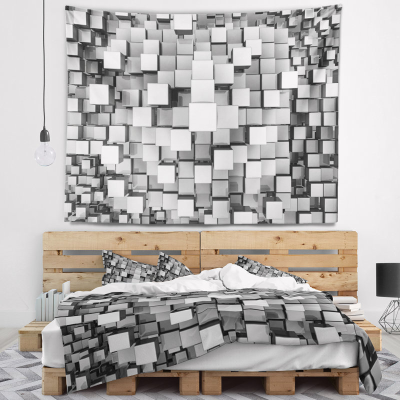 Tapisserie cubes noir et gris, H 32 po x l 39 po
