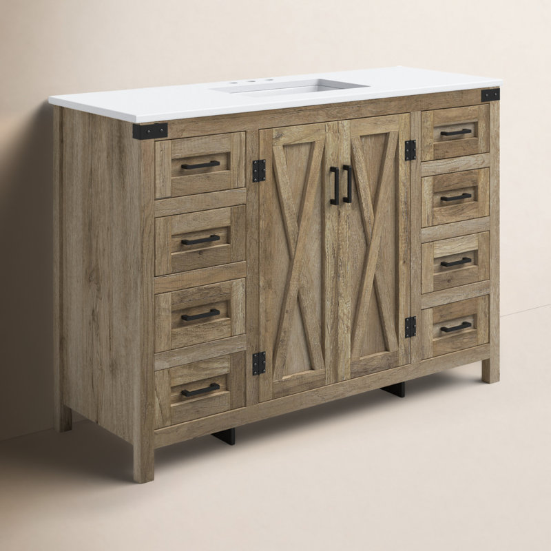 Slayton 48'' Single Bathroom Vanity with Engineered Marble Top, Natural Oak