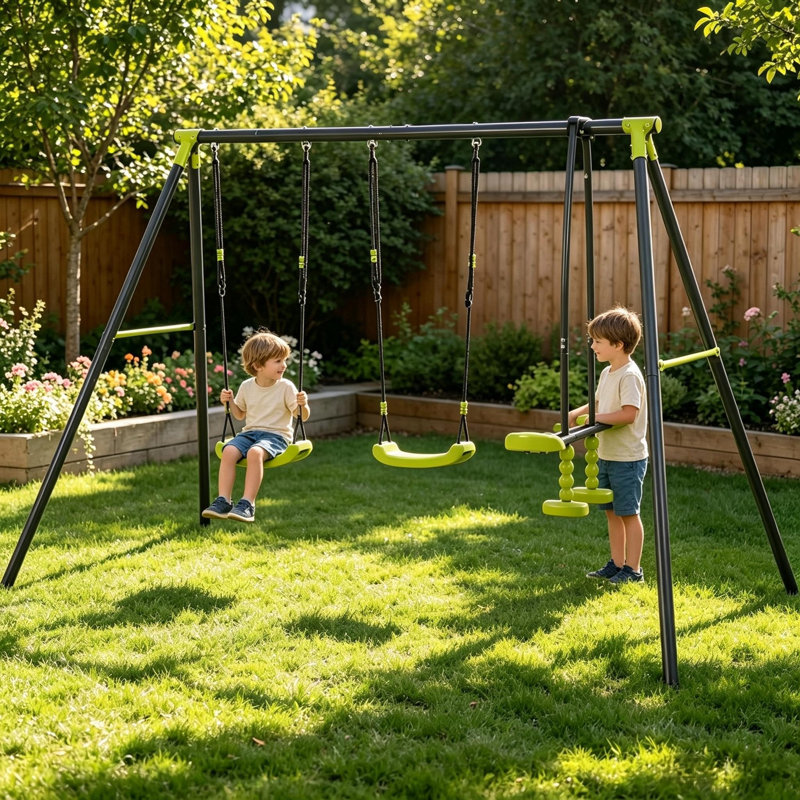Ensemble de balançoires d'extérieur pour enfants, ensemble de balançoires de cour arrière en métal robuste avec 2 balançoires et 1 balançoire, vert et noir