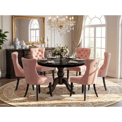 7 Piece Dining Set Contains a 48" Round Kitchen Table with Pedestal and 6 Beige Red Polyester Parson Chairs, Sand Blasted Black