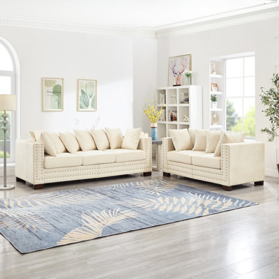 Canapé 2 + 3 places en velours abricot avec accoudoirs carrés modernes et décoration à clous argentés, sièges confortables en éponge à haute élasticité avec ressorts, housses de coussin lavables, rangement sous le siège, contreplaqué