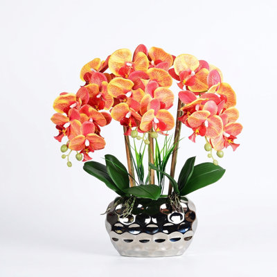 Orchidées artificielles 18 "orchidée phalaenopsis orange avec pots en céramique argentés orchidée artificielle