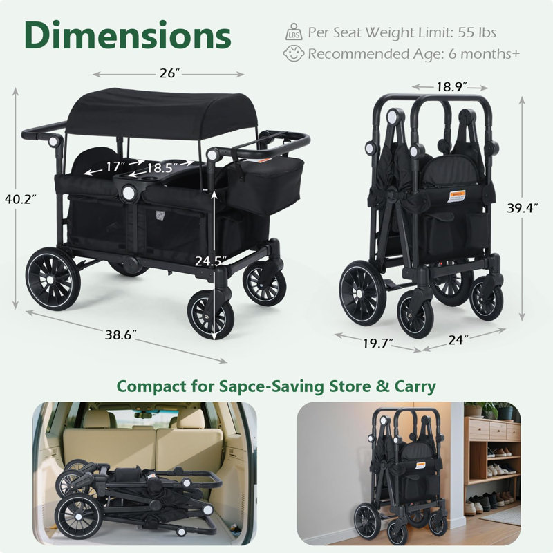 Folding Wagon Stroller for 2 Kids, Adjustable Handle, All-Terrain Shock-Absorbing Wheel, Detachable Tray, Diaper Bag, Black
