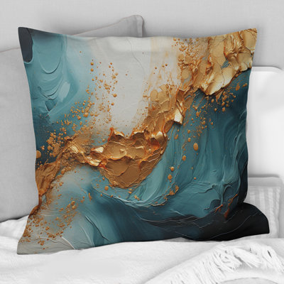 Gold Teal Ocean Spiral - Abstract Spirals Printed Throw Pillow