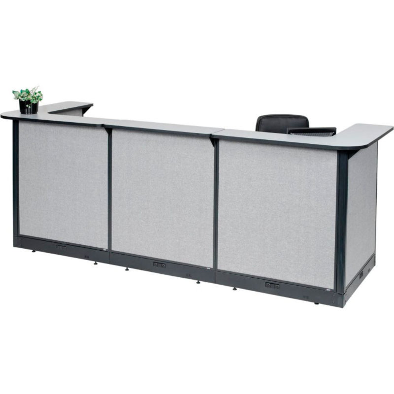 Poste de réception électrique en forme de U, l 124 po x P 44 po x H 46 po, comptoir gris, panneau bleu, gris