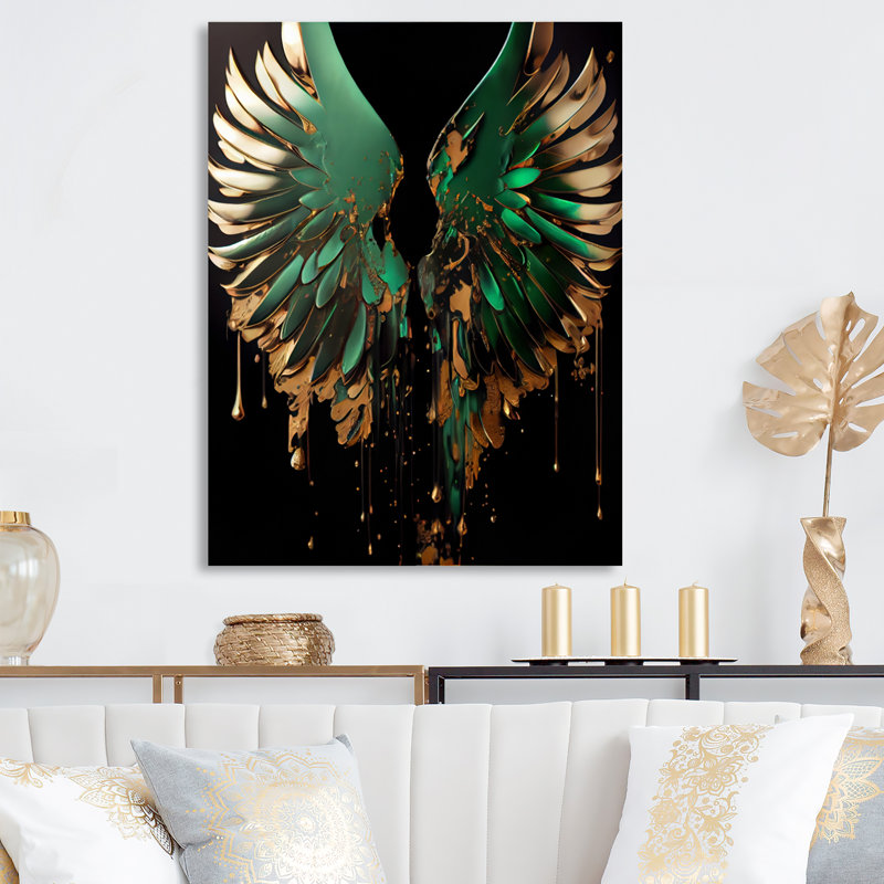 Ailes d'ange vertes et dorées II - décoration murale contemporaine en métal glam, H 40 po x l 30 po