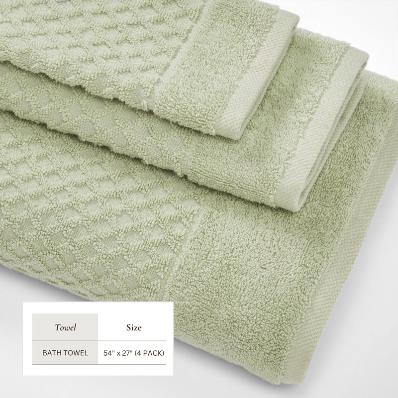 Ultra-Soft & Absorbent 100% Cotton Towel Set, Pale Green Diamond, Bath Towels - 4 Pack