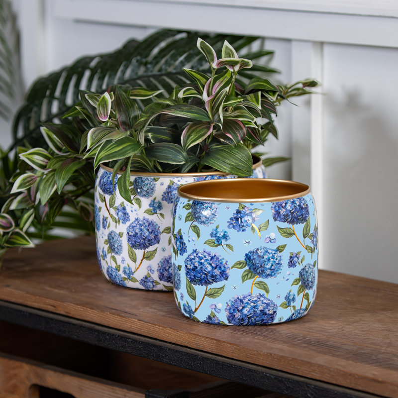 Hydrangea Printed Metal Planter, Set of 2