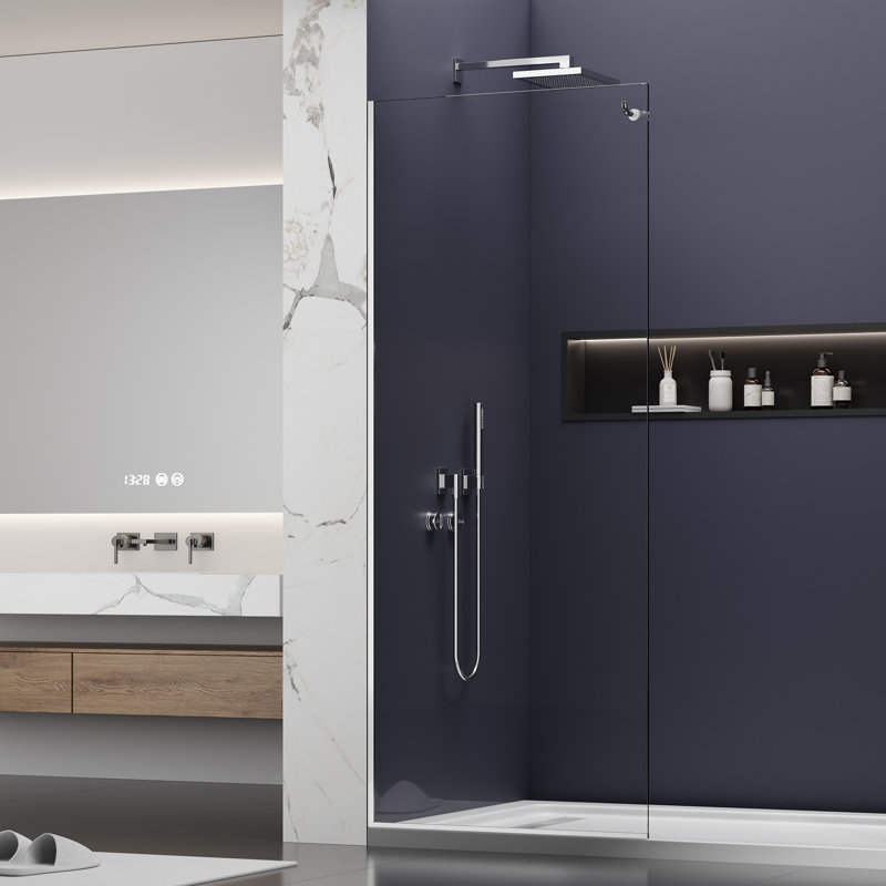 Panneau de douche fixe en verre l 32 po x H 76 po, verre trempé transparent épais de 3/8 po (10 mm) avec revêtement Nano double face facile à nettoyer, pare-douche de salle de bain sans cadre, demi-paroi de panneau de verre de douche