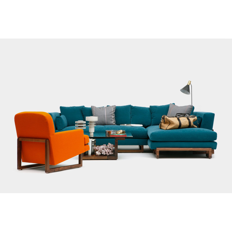 LRG Chaise Sectional, Peacock, No Trays, Solid Walnut