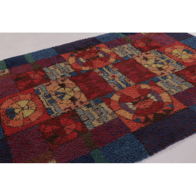 Vintage Swedish Rya Rug, Maximalist Ruby Red With Viking Medallions - Rug & Kilim