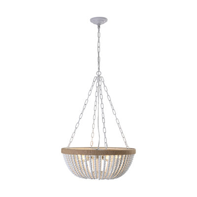 Lustre 22 po en bois perlé de style campagnard - Blanc rustique et luminaire suspendu en chêne pour décor de salle à manger, d'îlot de cuisine ou de chambre à coucher