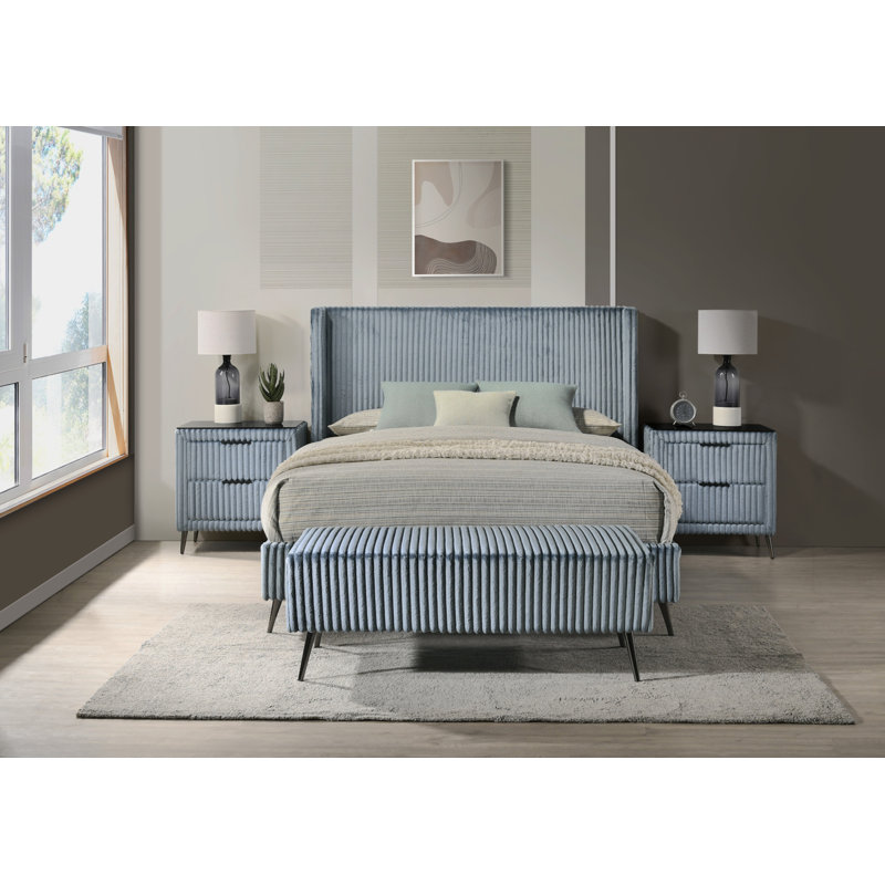 Northington Mavela Wide Wale Upholstery Bedroom Set, Queen, Blue, Yes