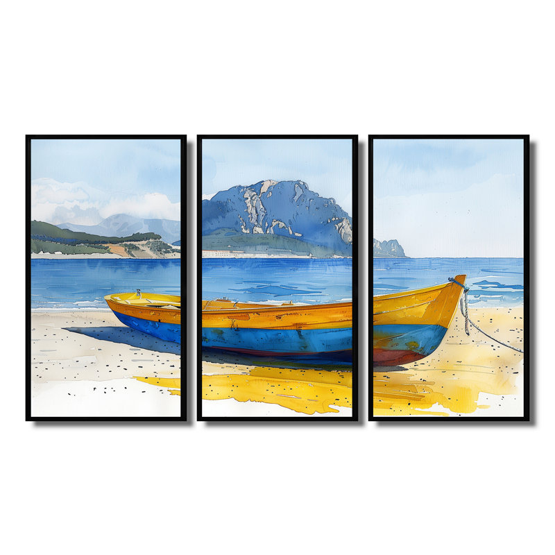 «Italian Boat Beachside Tranquility - Beach», ensemble de reproductions d'art mural, Toile avec cadre flottant noir