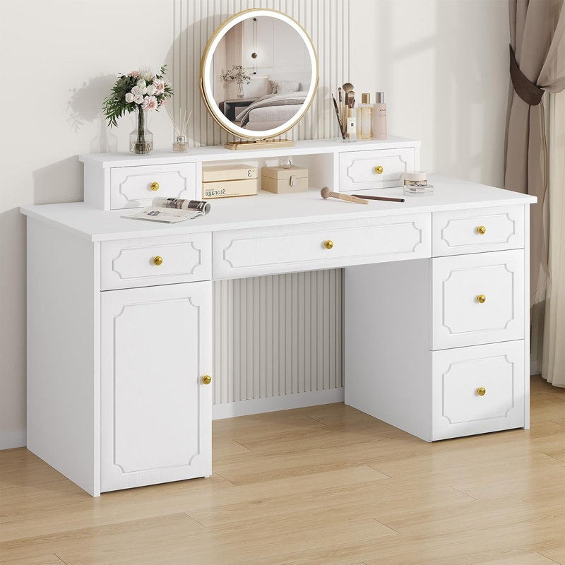 Catrimown Desk with 7 Drawers, 54 Inch Computer Desk with Cabinet for Work Writing Study, Vanity Desk with Golden Handle, Bedroom