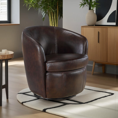Terza 31" Modern & Contemporary Swivel Chair with 100% Top Grain Leather, 360-Degree Swivel, Dacron Wrapped High-Density Foam