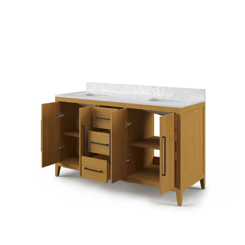 Liles 60 in. Double Sink Freestanding Baja Oak Bath Vanity with Carrara White Engineered Marble Top (Assembled), 60"